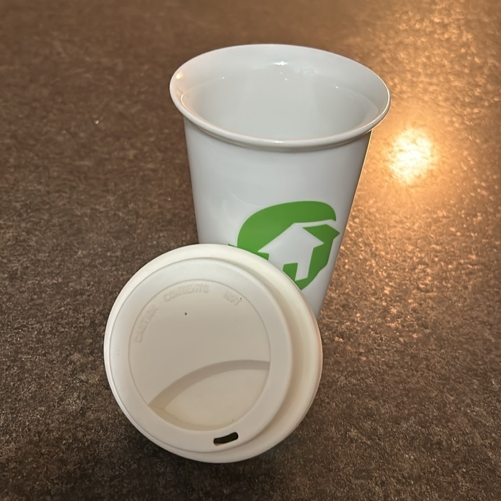 Coffee Cup Habitat for Humanity Logo White Ceramic with Rubber Lid 8 oz. - Picture 2 of 4